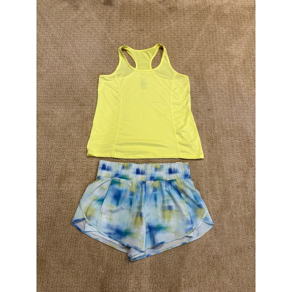 Danskin Now Avia Womens Activewear Set Neon Yellow Tank Watercolor Shorts Large